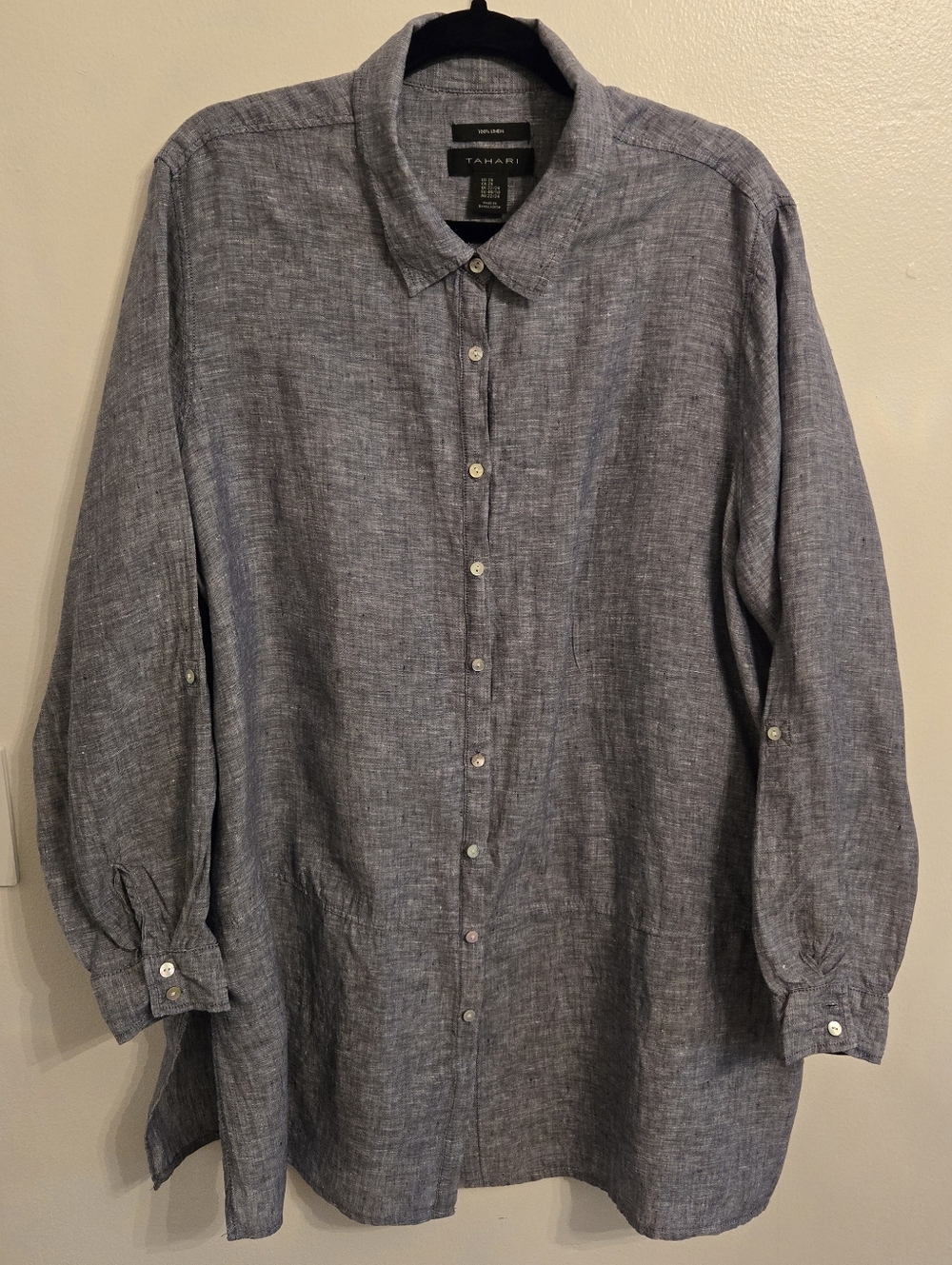 Tahari Womens Blue Linen Button Up Long Tunic Blouse Size 2X